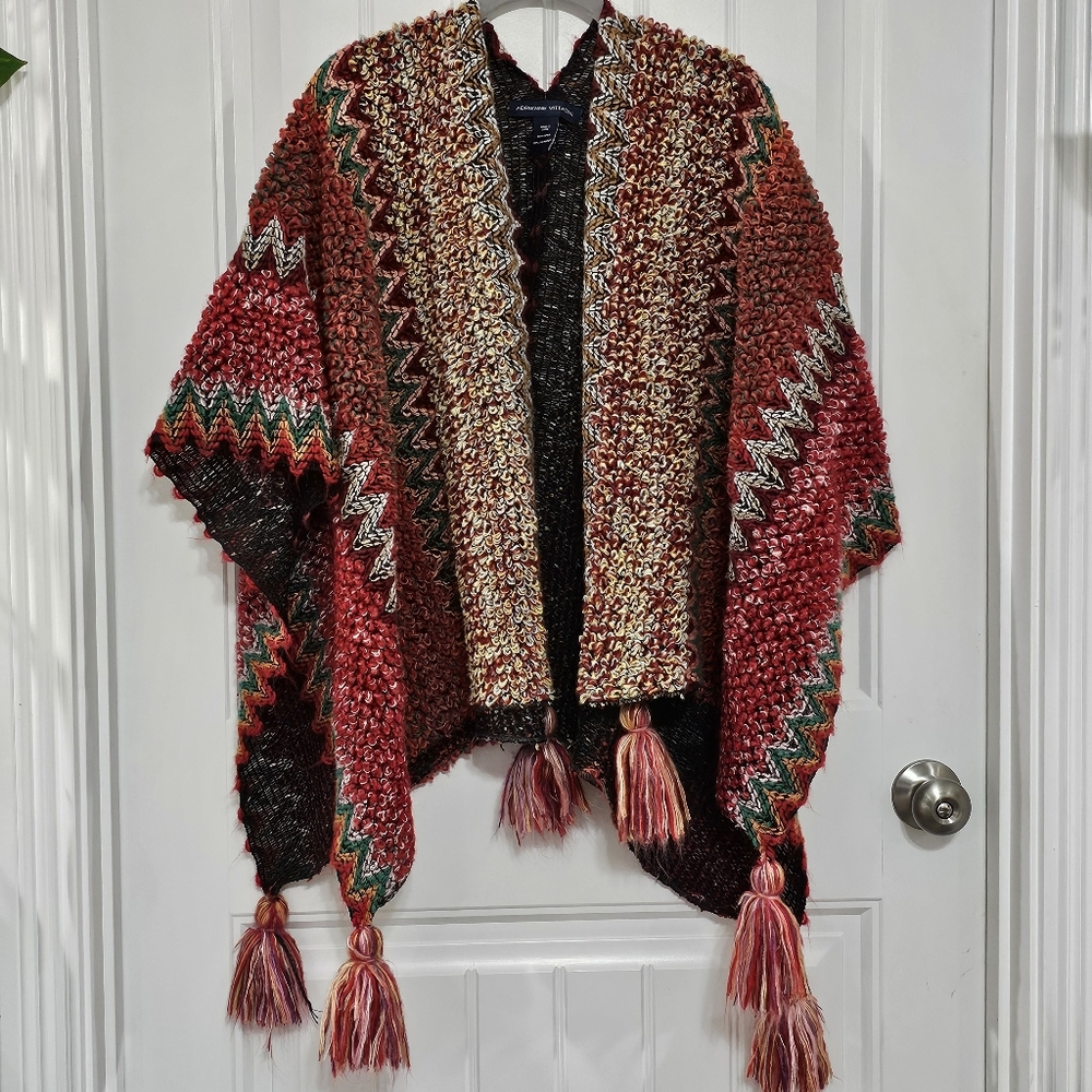 Adrienne Vittadini Red Knit Poncho Shrug Sweater